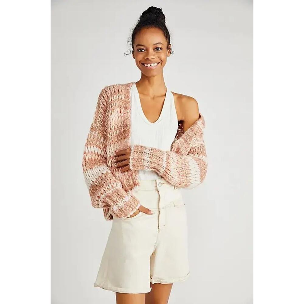 Free People Wanderer Chunky Knit Cardigan  Size Medium rose Latte Open Front
